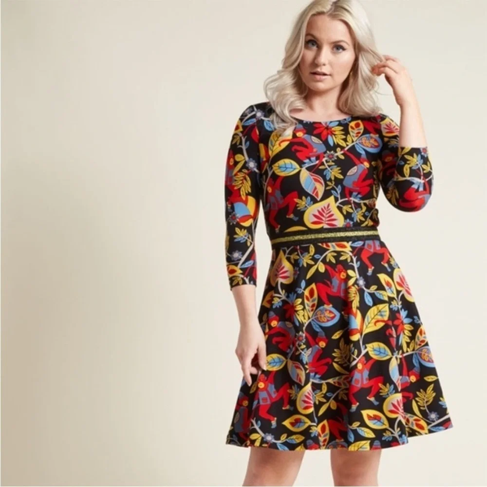 ModCloth / Traffic People monkey print fit and flare dress size L - Picture 1 of 11